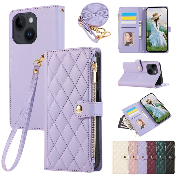 for iPhone 13 Wallet Case with Zipper Pocket Card Holder & Crossbody Lanyard Strap & Wrist Strap, Flip Kickstand PU Leather Magnetic Folio Handbag Purse Case for iPhone 13, Purple