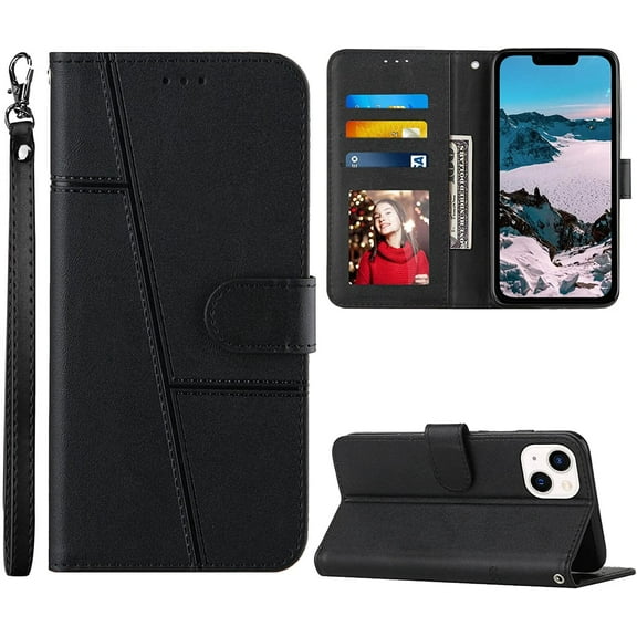for iPhone 13 Wallet Case,for iPhone 14 Wallet Case,[Wrist Strap][Card Holder/Cash Slots][Kickstand] Premium PU Leather  Phone Case Flip Cover Protective for iPhone 13/14 (Black)