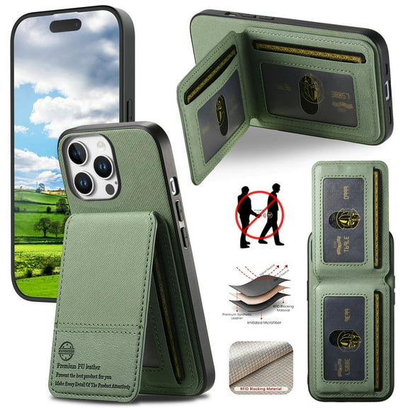For iPhone 13 Wallet Phone Case,PC + PU Leather + TPU Hybrid Design,With Card Slots,Diagonal Fabric Pattern,Back Flip Kickstand,Shockproof Rugged Dropproof Phone Case,Green