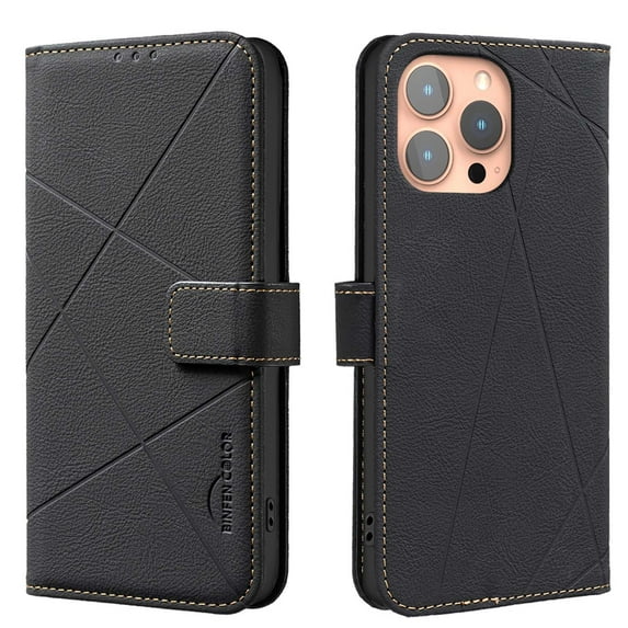 For iPhone 13 Wallet Phone Case,RFID Blocking Card Slots Holder Premium PU Leather,Flip Folio Kickstand,Line Embossing Designing,Magnetic Closure,Shockproof Anti-fall Phoe Case,Black