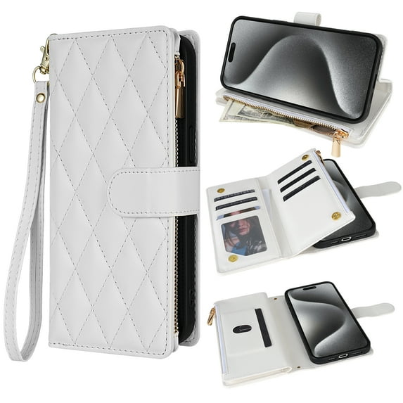 for iPhone 13 Wallet Phone case with Card Holder,Phone case RFID Blocking PU Leather Flip Shockproof Cover with Hand Strap Zipper Credit Card Holder Slots for Women Men,White