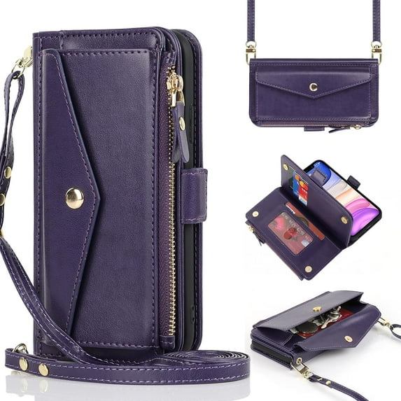 for iPhone 13 Wallet case,iPhone 13 Phone case with Zipper Card Holders for Women Slots Crossbody Flip Folio Book Cover with Credit Card Holder Men case - Purple