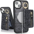 thumbnail image 1 of iPhone 13 case with Card Holder, iPhone 13 Phone Case Wallet for Women magsafe Compatible Wallet Detachable 2-in-1 for Men-Black Leopard, 1 of 13