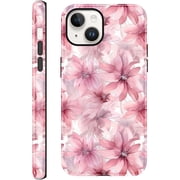 for iPhone 13/iPhone 14 6.1 Cute Pink Flower Phone Case, Romantic Girly Floral Aesthetic Spring Case for Women Girls Fall Prevention Glossy Hybrid 2-Layer Hard Shell Phone Cover