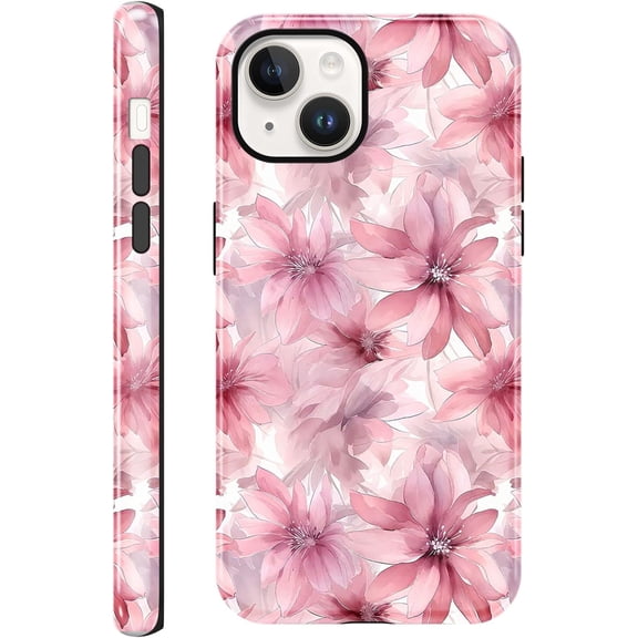 for iPhone 13/iPhone 14 6.1'' Cute Pink Flower Phone Case, Romantic Girly Floral Aesthetic Spring Case for Women Girls Fall Prevention Glossy Hybrid 2-Layer Hard Shell Phone Cover