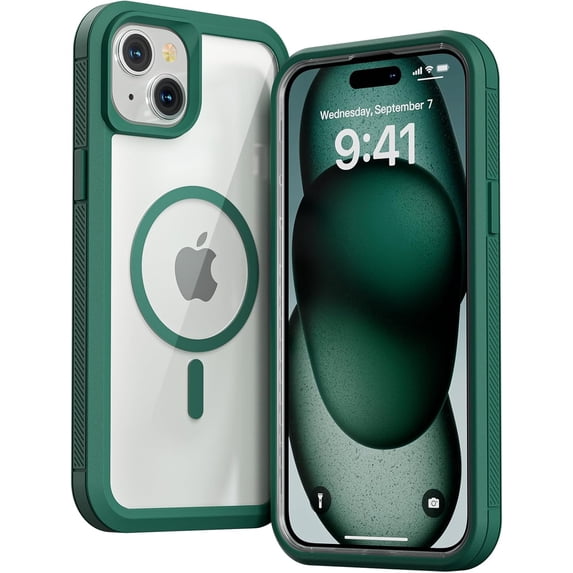 for iPhone 13 /iPhone 14 Case, Compatible with MagSafe, Heavy Duty Shockproof Protection Phone Cases, Double Layer Transparent Magnetic Protective Cover for iPhone 13/iPhone 14, 6.1 inch, Green