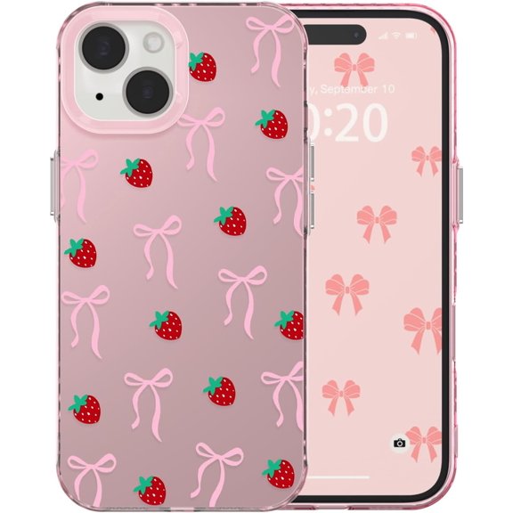 for iPhone 13/iPhone 14 Case Cute Ribbon Bow Strawberry Aesthetic Pattern Case for Women Girls, Girly Trendy Glossy Slim Shockproof Protective Bumper Cover, Strawberry Ribbon/Pink