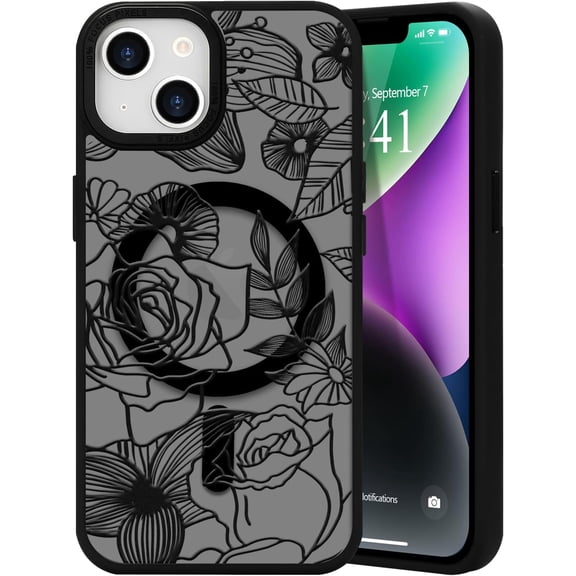 for iPhone 13 iPhone 14 Case for Women Girls, Compatible with MagSafe, Flower Rose Floral Pattern Cute Print Cover, TPU Bumper Protective Case for iPhone 13 iPhone 14 (6.1"), Black Rose