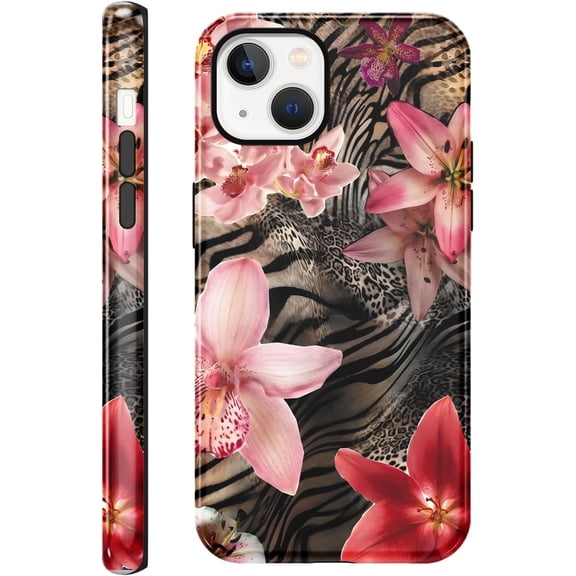 for iPhone 13 / iPhone 14 Case Zebra Leopard Print, Cute Aesthetic Zebra Cheetah Phone Case, Luxury Trendy Animal Hibiscus Design, Slim Shockproof Stripe Glossy Protective Cover for Women Girl