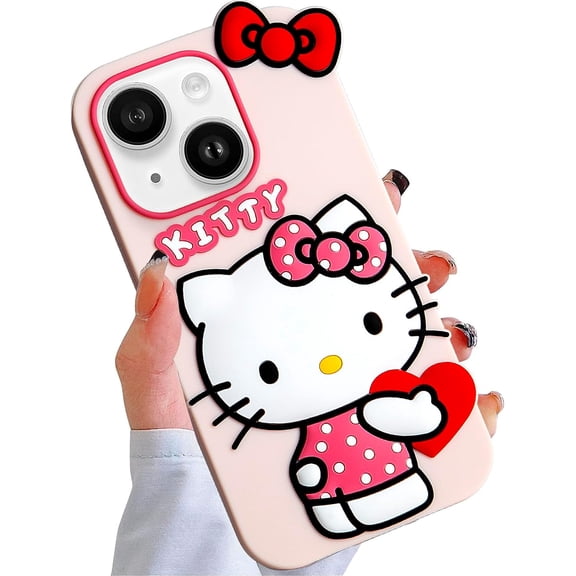for iPhone 13 iPhone 14 iPhone 15 Case, Cute Funny Cartoon Kawaii Hello Kitty Phone Case 3D Character Soft Silicone Pink Cover Case for Kids Girls and Womens