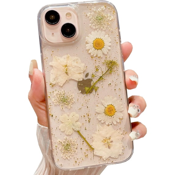 iPhone 13 iPhone 14 iPhone 15 Flower Case,Clear Soft Flexible Rubber Pressed Dry Real Flowers Case Women Girls Glitter Floral Cover for iPhone 13/14/15 -White