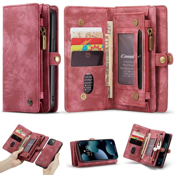 iPhone 13 mini 5.4-inch Case, Dteck 2 in 1 Design Retro Luxury Leather Zipper Wallet Case with Detachable Cover & Card Slots + Side Cash Pocket + Magnetic Clasp Closure for iPhone 13 mini,Red