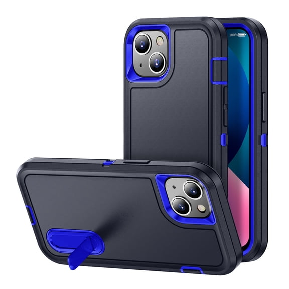 iPhone 13 mini Case with Built-in Metal Kickstand, Dteck 3-Layer Full Body Protection [Without Screen Protector] Rugged Heavy Duty Durable Cover Case for Apple iPhone 13 mini, Blue+Navy