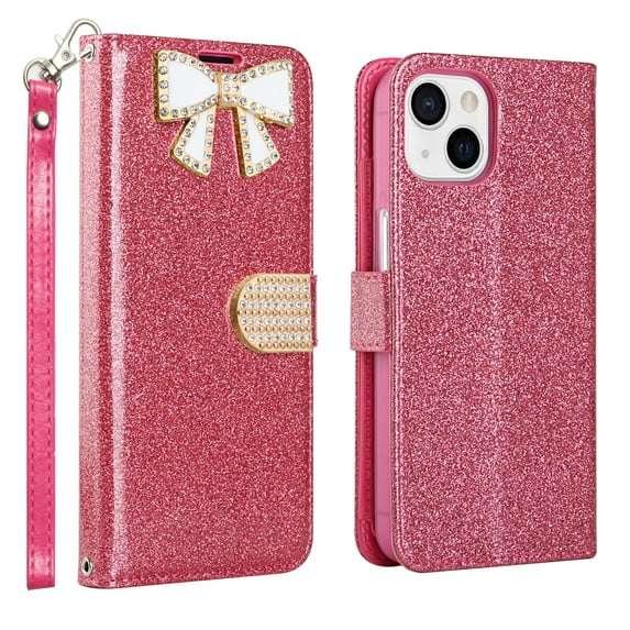 iPhone 13 mini Phone Case, Strong Protective Sparkle Diamond Kickstand Wallet Compartments Multi-Function for iPhone 13 mini Phone Case Pink