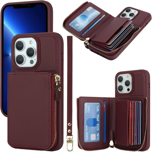 iPhone 13 pro max Phone case Wallet with Zipper Card Holders for Women, iPhone 13 pro max Case Wallet with Credit Card with Ring Kickstand Zipper Stand Case for iPhone13promax - Red Wine