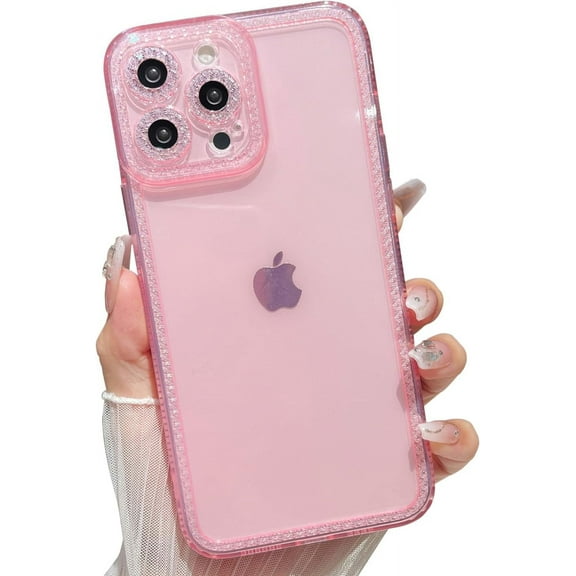 for iPhone 13 pro max max Sparkly Cute Transparent Case, Soft Silicone TPU, Camera Raised Protection, Anti-Slip and Anti-Shock, Glittering Suitable for Women, Girls - Pink