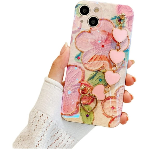 for iPhone 14 13 12 11 8 7 X XS XR Plus Pro Max Protective Cover, Fashion Charming Flower Soft TPU Phone Case with Creative Bracelet, Exquisite Shockproof Shell for Women and Girl(Red A,13 Pro max)