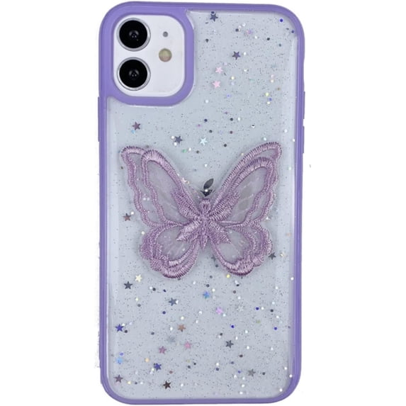 for iPhone 14 13 12 11 Plus Pro Max Mini Case, Soft TPU Phone Case, Shiny Clear Lace Butterfly Shell, Unique Popular Glitter Protector Cover for Women(Purple B,12 Pro)