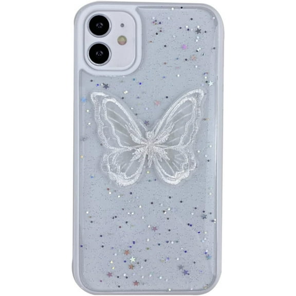 for iPhone 14 13 12 11 Plus Pro Max Mini Case, Soft TPU Phone Case, Shiny Clear Lace Butterfly Shell, Unique Popular Glitter Protector Cover for Women(White B,11)