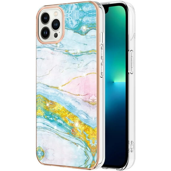 for iPhone 14 13 12 11 Pro Max Plus Mini Case, Fashion Slim Luxurious Marbling PC+TPU Phone Case, Bezel Heightened Design Shockproof Protector Cover(Gold,11)