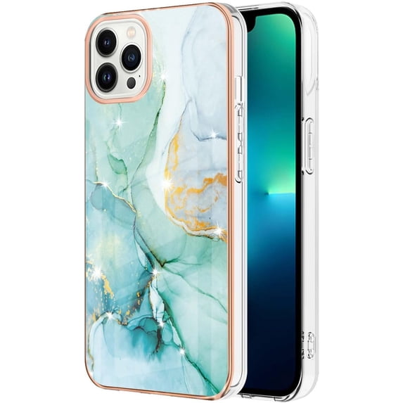 for iPhone 14 13 12 11 Pro Max Plus Mini Case, Fashion Slim Luxurious Marbling PC+TPU Phone Case, Bezel Heightened Design Shockproof Protector Cover(Green,13 Pro)