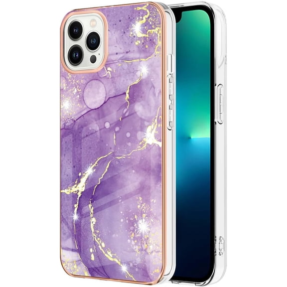 for iPhone 14 13 12 11 Pro Max Plus Mini Case, Fashion Slim Luxurious Marbling PC+TPU Phone Case, Bezel Heightened Design Shockproof Protector Cover(Purple,13 Pro)