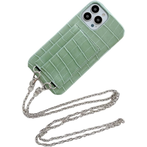for iPhone 14 13 12 11 Pro Max Plus Mini Case, Luxurious Crocodile-Patterned Leather Phone Case, Double-Layer Card Slots, Fashion Chain Protector Cover(Green,11 Pro)