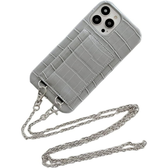 for iPhone 14 13 12 11 Pro Max Plus Mini Case, Luxurious Crocodile-Patterned Leather Phone Case, Double-Layer Card Slots, Fashion Chain Protector Cover(Light Grey,13 Pro Max)