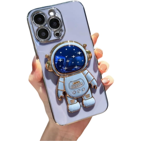 for iPhone 14 13 12 11 Pro Max Plus Mini Case, Popular Glossy Soft TPU Phone Case, Creative Starry Sky Cute Astronaut Foldable Stand Protector Cover(Blue,11 Pro Max)