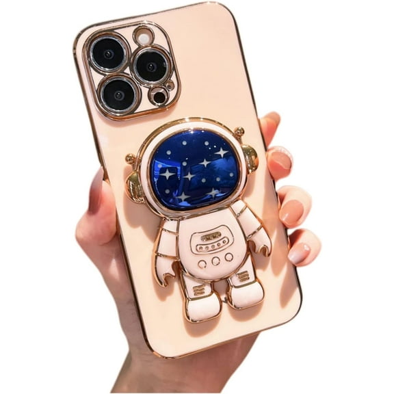 for iPhone 14 13 12 11 Pro Max Plus Mini Case, Popular Glossy Soft TPU Phone Case, Creative Starry Sky Cute Astronaut Foldable Stand Protector Cover(Pink,14)