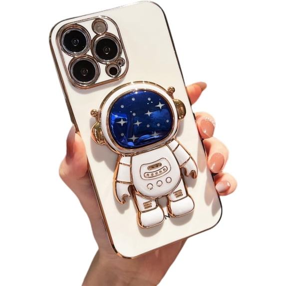 for iPhone 14 13 12 11 Pro Max Plus Mini Case, Popular Glossy Soft TPU Phone Case, Creative Starry Sky Cute Astronaut Foldable Stand Protector Cover(White,11 Pro Max)