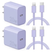 شاحن حائط Coreykin USB C بقوة 20 وات - عبوة من 2 شاحن فائق السرعة مع كابل بطول 6 أقدام - متوافق مع iPhone 14/14Pro/13/13 Pro/12/12Pro/XS/Max/XR/X/8/8 Plus - أرجواني