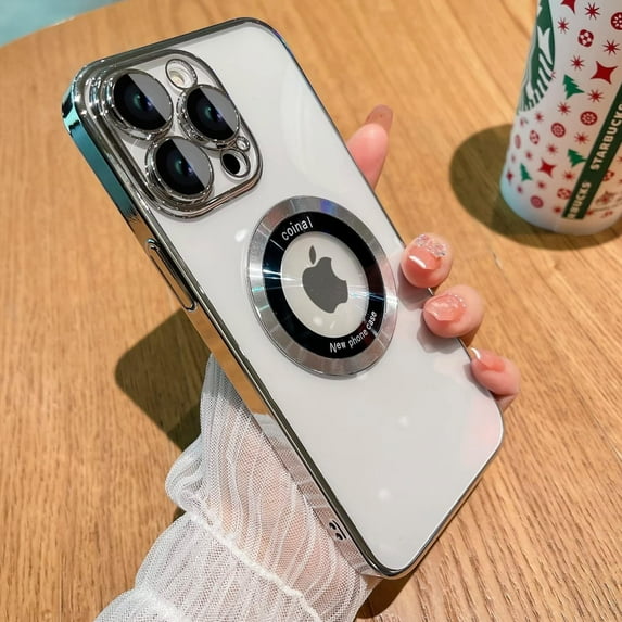 for iPhone 14/13 /12 Pro Max Case,Magnetic Compatible with Magsafe,Glass Lens Camera Protector,Logo View for iPhone 14 13 12 Pro Max for Women Men Transparent Cover (Silver,for iPhone14Pro)