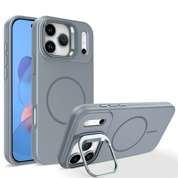 For iPhone 14/13 Magnetic Phone Case,[Compatible with Mag-Safe],Built-in Contractile Lens Ring Kickstand,Anti-fingerprint Matte SkinFeel Back,Ultra Slim Shockproof Phone Case,Gray