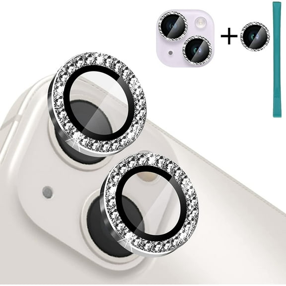 iPhone 14/14 Plus Camera Lens Protector - 2+1 Pack Dual Camera Protective Film Cover Shield with Metal Cap Ring Frame and HD Glass Face Cover, Anti-Scratch, Case Friendly - Diamonds Silver
