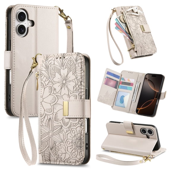 For iPhone 14/15/16/17 Plus/Pro/Pro Max Wallet Case,PU Leather Flip Cover with Card Slots Kickstand Zipper Coin Pocket,Floral Embossed PU Leather Protective Cover Purse for Women Girls