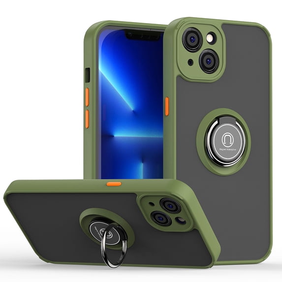 for iPhone 14 6.1" Case, Protective Matte Back Case Magnetic For Car Mount with 360° Rotatable Ring Holder Kickstand Shockproof Protective Cover For iPhone 14,
Green & Orange