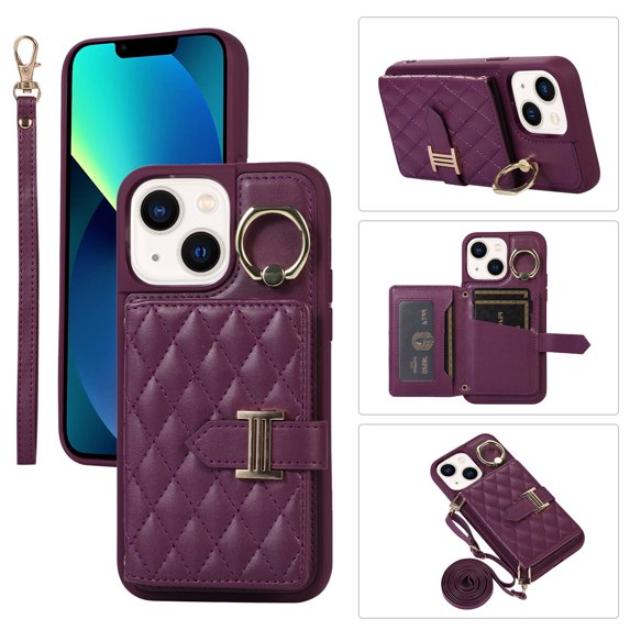 for iPhone 14 6.1" Detachable Shoulder Strap Wallet Case, with Card Slots & 360-degree Rotation Stand Ring Flip Premium PU Leather Protective Cover Lanyard for Women Girls, Deeppurple