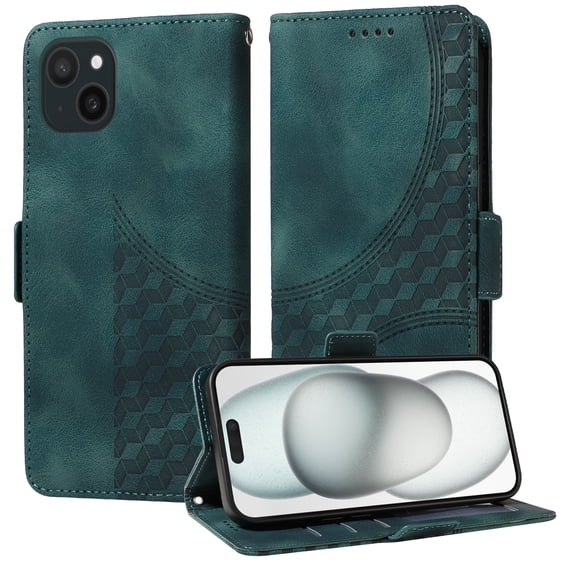 for iPhone 14 6.1" Pattern Wallet Case, Magnetic Closure PU Leather Wallet Flip Case with Card Holder Kickstand Shockproof Purse Phone Cover with Wrist Strap for iPhone 14, Green