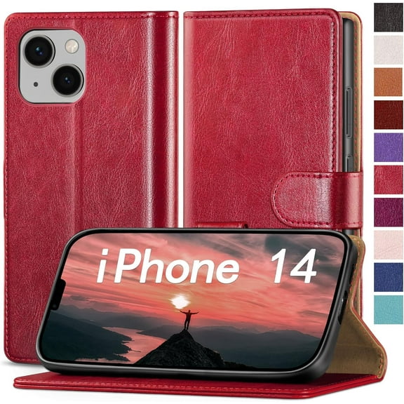 for iPhone 14 6.1" Phone case,[3 Credit Card Slot][RFID Blocking Leather] Flip Folio Book Shockproof Protector,Holder Stand Cases,Women Men for Apple 14 Wallet Cover,Red