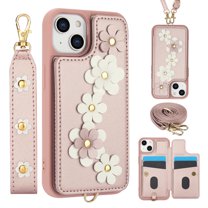 for iPhone 14 6.1-inch Crossbody Wallet Case, Women Flip Cover Flower Design PU Leather Kickstand Card Holder Slots Wrist Strap Lanyard Purse Phone Case for iPhone 14, Rosegold