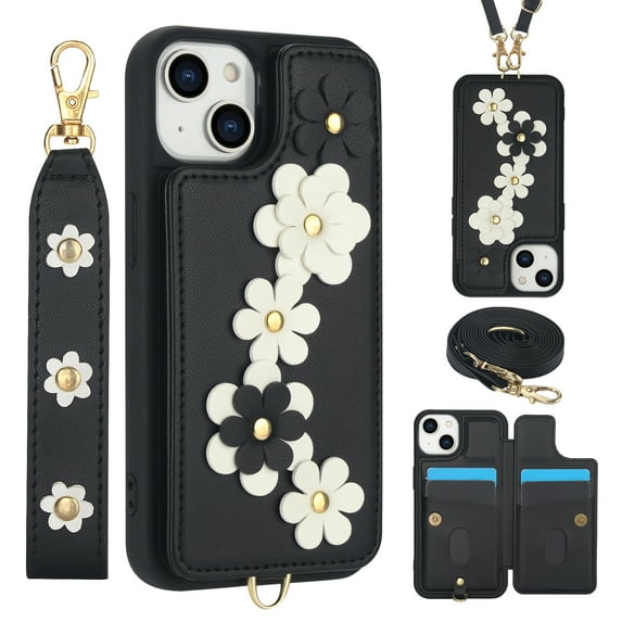 for iPhone 14 6.1-inch Crossbody Wallet Case, Women Flip Cover Flower Design PU Leather Kickstand Card Holder Slots Wrist Strap Lanyard Purse Phone Case for iPhone 14, Black