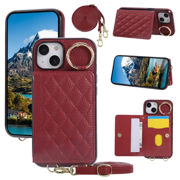 for iPhone 14 Adjustable Crossbody Strap Wallet Case with 4 Card Slots, PU Leather Back Cover, Stylish Kickstand Magnetic Shokcproof Heavy Duty Protection Phone Cover Girls Women, Red