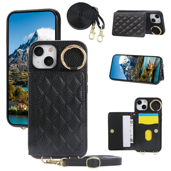 for iPhone 14 Adjustable Crossbody Strap Wallet Case with 4 Card Slots, PU Leather Back Cover, Stylish Kickstand Magnetic Shokcproof Heavy Duty Protection Phone Cover Girls Women, Black