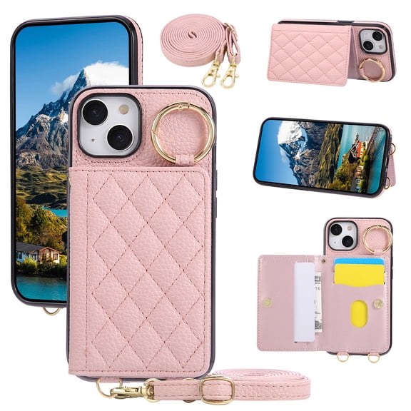 for iPhone 14 Adjustable Crossbody Strap Wallet Case with 4 Card Slots, PU Leather Back Cover, Stylish Kickstand Magnetic Shokcproof Heavy Duty Protection Phone Cover Girls Women, Pink