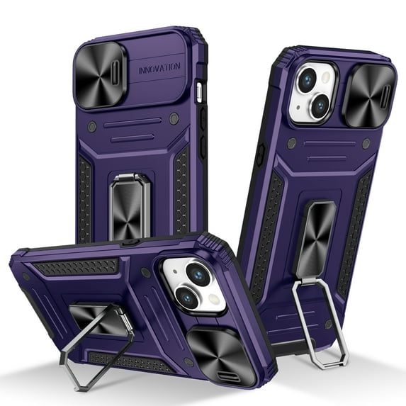 for iPhone 14 Armor Case, Military-Grade Drop Protection, with Slide Camera Cover & Multi-angle Kickstand, Built-in 360° Rotating Magnetic Stand Rugged Case For iPhone 14, Purple