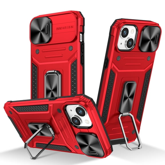for iPhone 14 Armor Case Stand, [Built in Kickstand & Slide Camera Cover] Military Grade Drop Protection Shockproof Hard PC Heavy Duty Bumper Phone Case For iPhone 14, Red