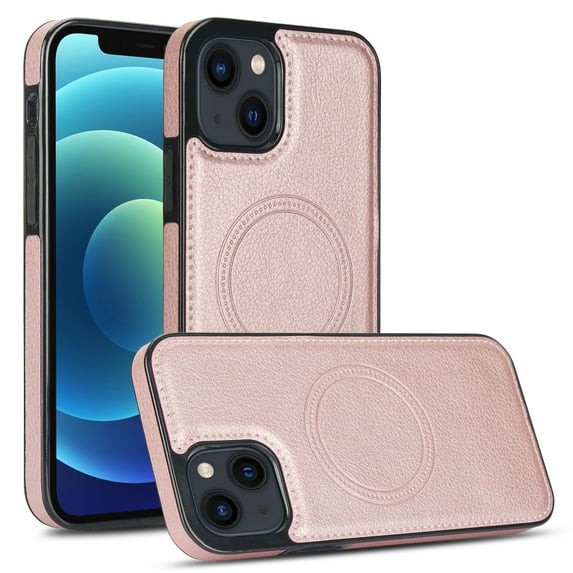 for iPhone 14 Back Case, Litchi Texture PU Leather Phone Cover with TPU Frame Ultra-Stylish Magsafe Compatible and Shockproof Drop Protection Case Cover for iPhone 14,Rosegold