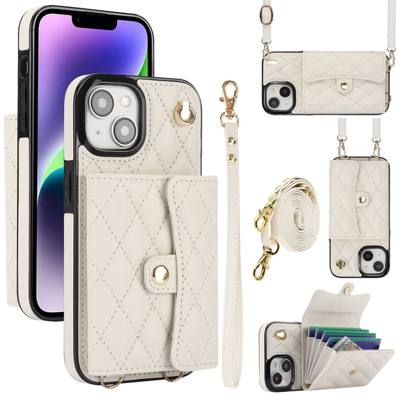 for iPhone 14 Back Case, Luxury Ultra Slim Shockproof PU Leather Card Slots Kickstand Magnetic Snap Shoulder Strap & Wristlet RFID Blocking Phone Cover for iPhone 14, White