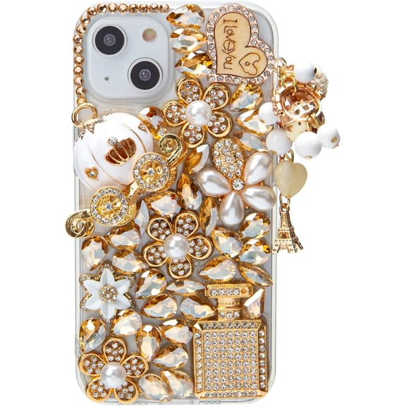 for iPhone 14 Bling Case, Girls Women 3D Luxury Sparkle Glitter Diamond Crystal Rhinestone Pumpkin Car Charm Pendant Protective Case Cover for iPhone 14 6.1 inch (Champagne)